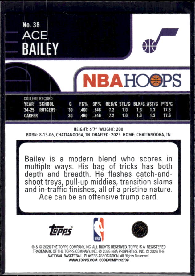 2025-26 Hoops #38 Ace Bailey Base – back