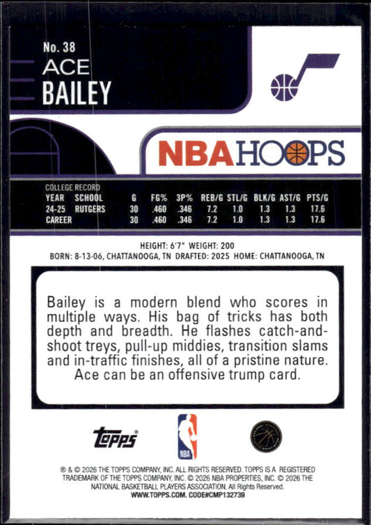 2025-26 Hoops #38 Ace Bailey Base – back