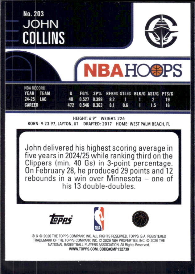 2025-26 Hoops #203 John Collins Base – back