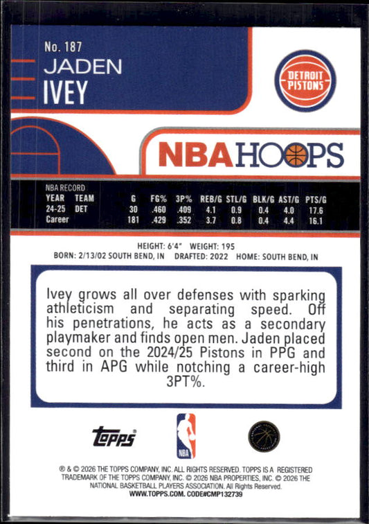 2025-26 Hoops #187 Jaden Ivey Base – back