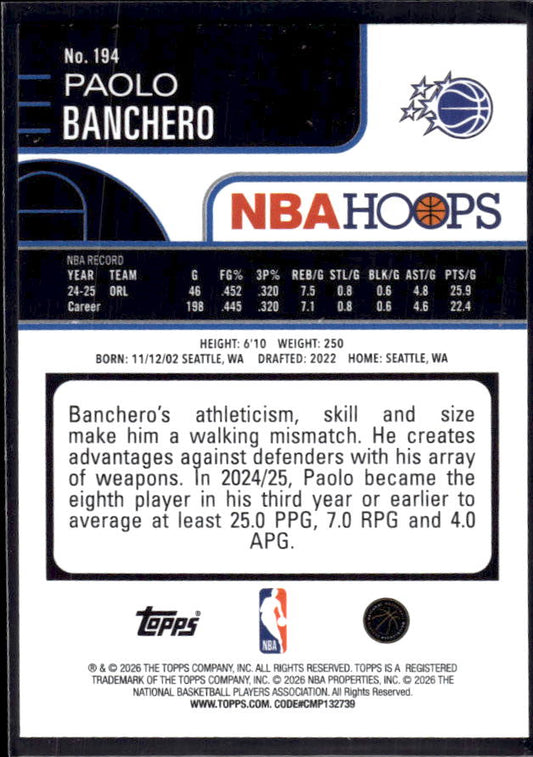 2025-26 Hoops #194 Paolo Banchero Base – back
