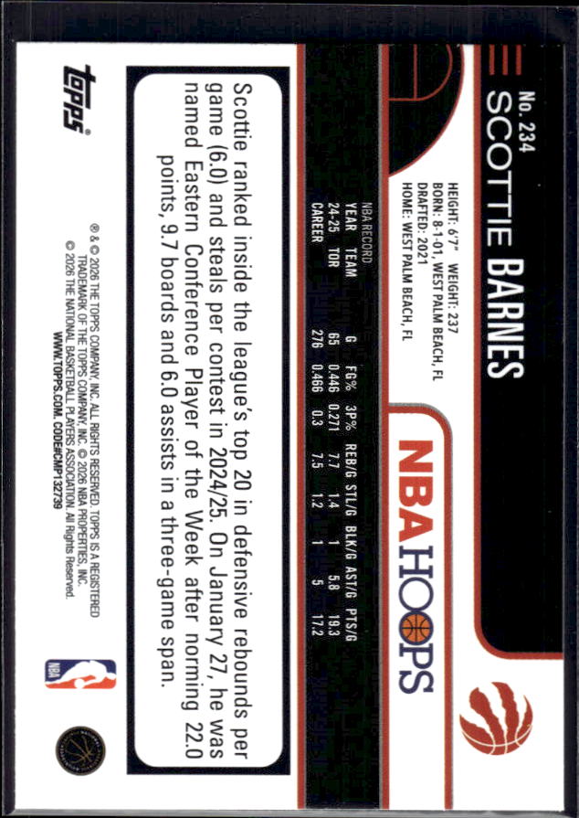 2025-26 Hoops #234 Scottie Barnes Base – back