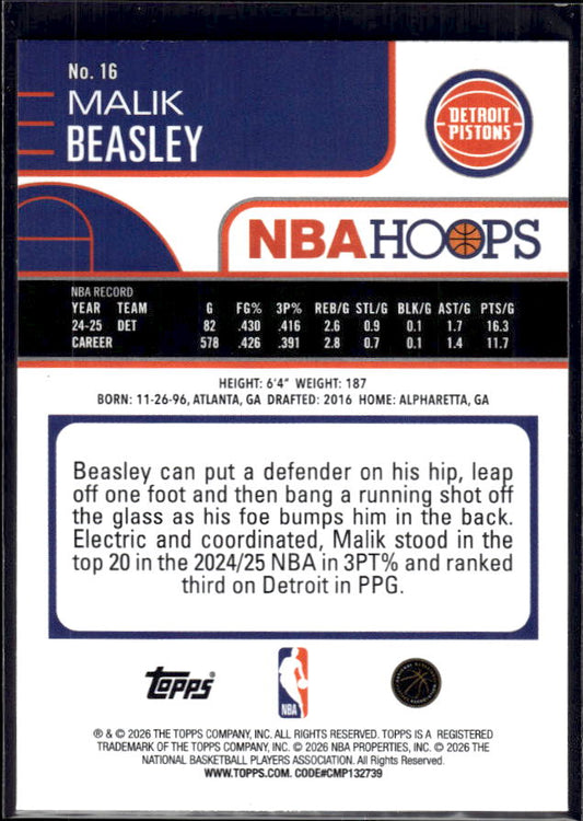 2025-26 Hoops #16 Malik Beasley Base – back
