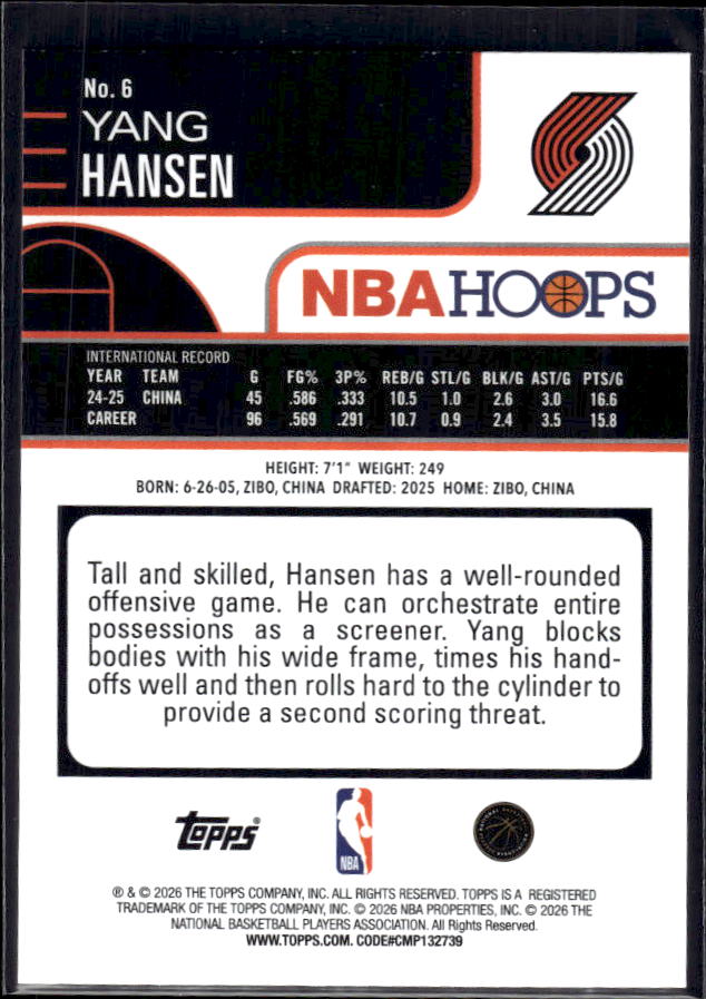 2025-26 Hoops #6 Yang Hansen Base Rookie