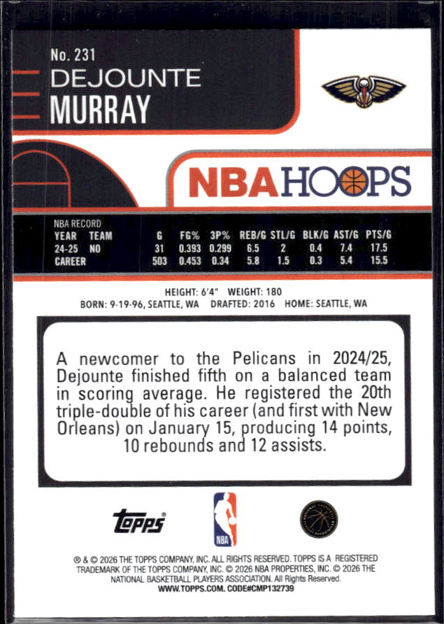 2025-26 Hoops #231 Dejounte Murray Base – back