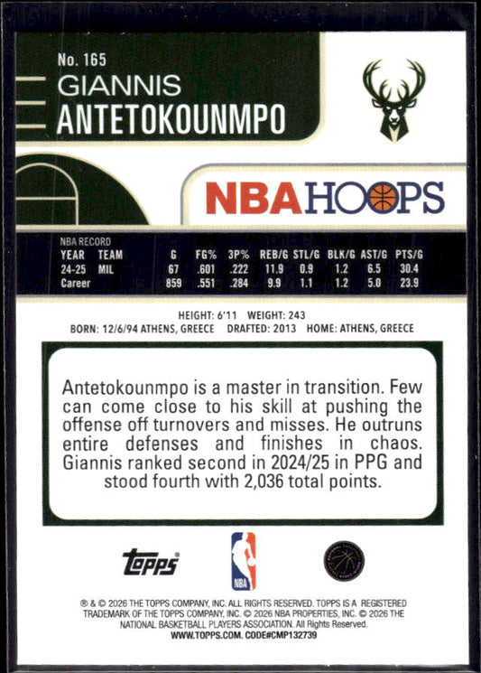 2025-26 Hoops #165 Giannis Antetokounmpo Base – back
