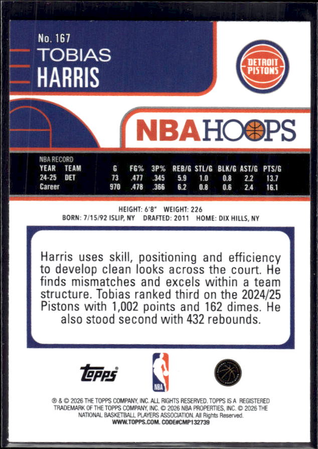 2025-26 Hoops #167 Tobias Harris Base – back