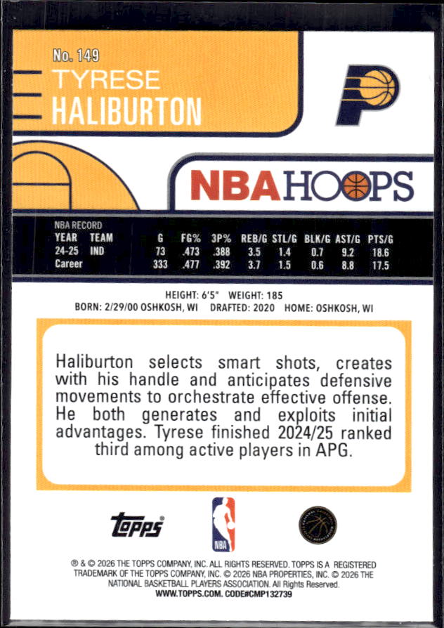 2025-26 Hoops #149 Tyrese Haliburton Base – back