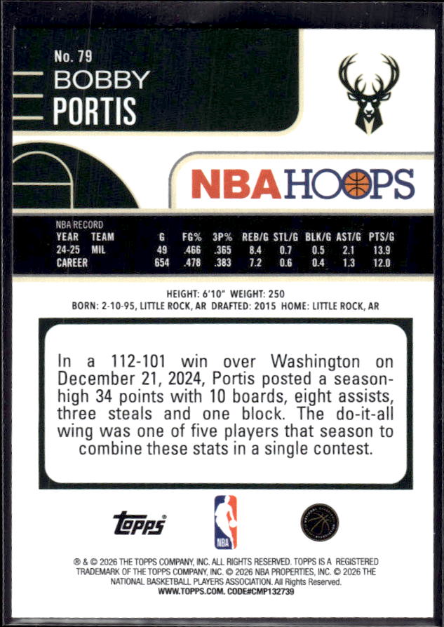 2025-26 Hoops #79 Bobby Portis Base – back