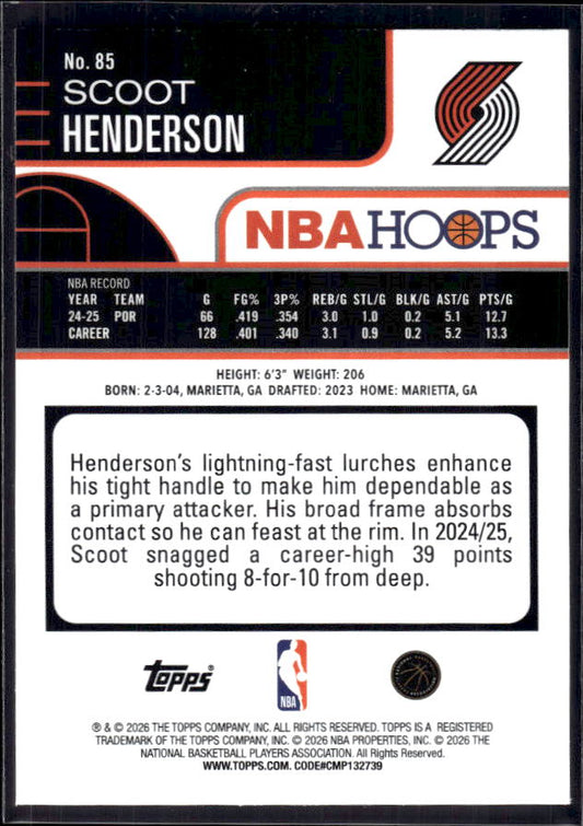 2025-26 Hoops #85 Scoot Henderson Base – back