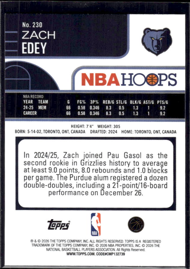 2025-26 Hoops #230 Zach Edey Base – back
