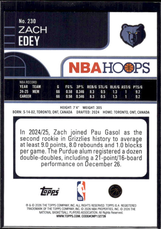 2025-26 Hoops #230 Zach Edey Base – back