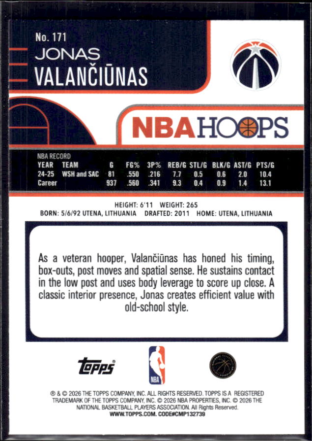 2025-26 Hoops #171 Jonas Valanciunas Base – back