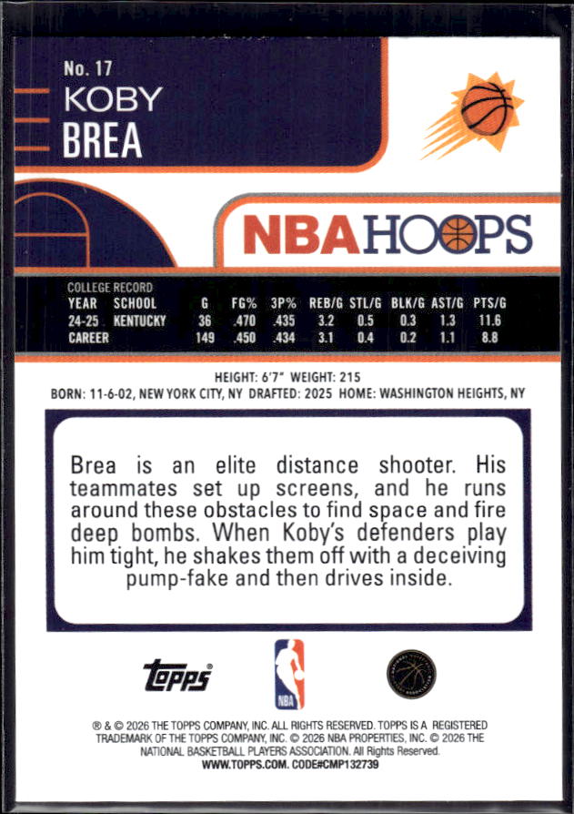 2025-26 Hoops #17 Koby Brea Base – back