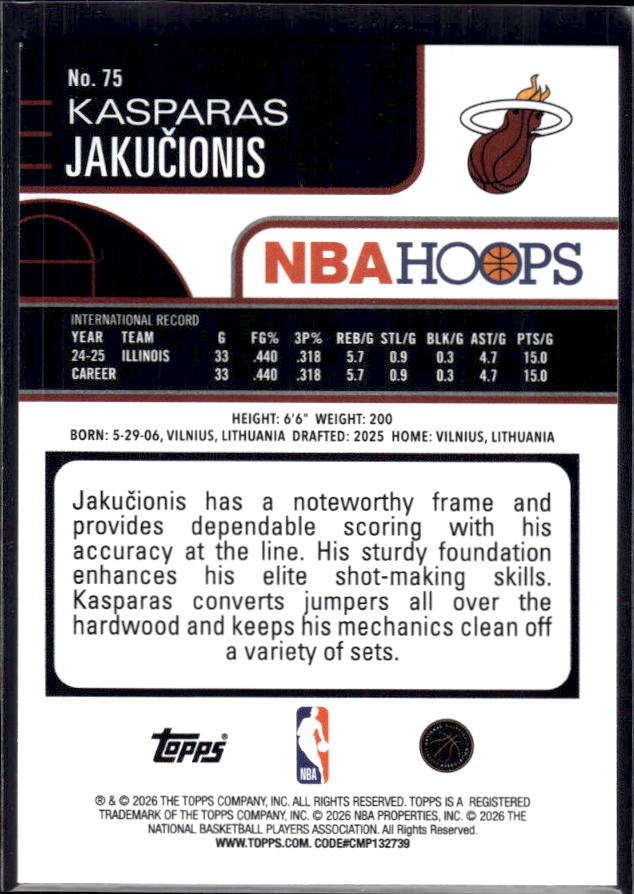 2025-26 Hoops #75 Kasparas Jakučionis Base – back