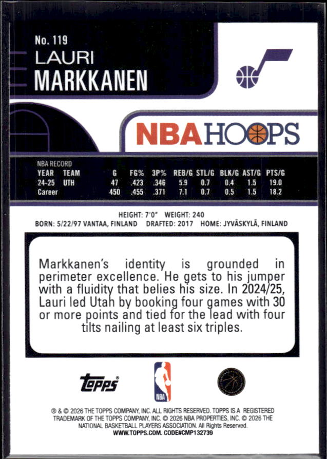 2025-26 Hoops #119 Lauri Markkanen Base – back