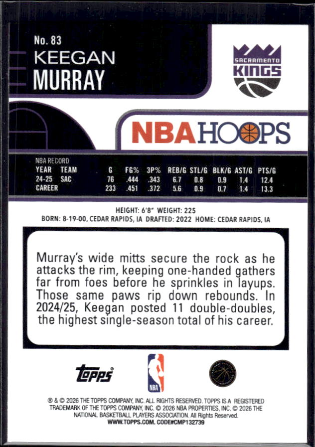 2025-26 Hoops #83 Keegan Murray Base – back