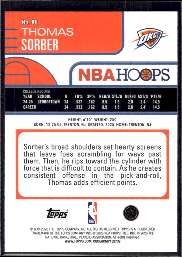 2025-26 Hoops #88 Thomas Sorber Base – back
