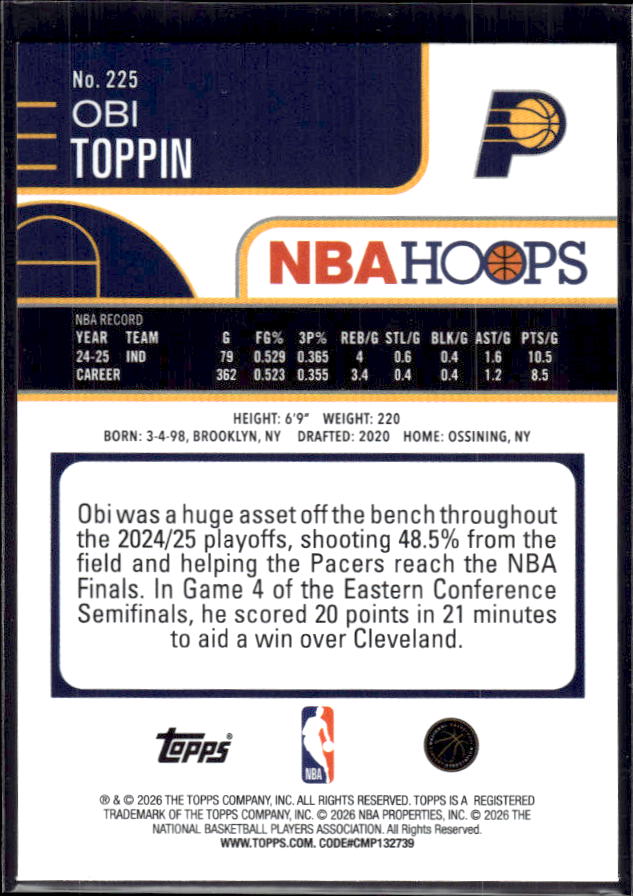 2025-26 Hoops #225 Obi Toppin Base – back