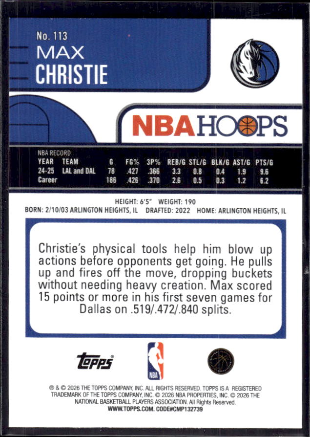 2025-26 Hoops #113 Max Christie Base – back