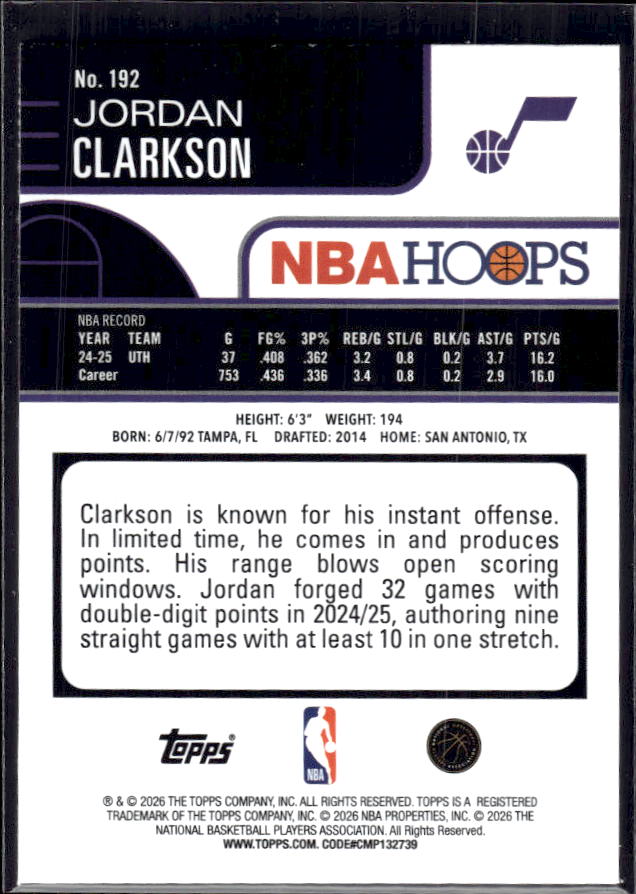 2025-26 Hoops #192 Jordan Clarkson Base – back