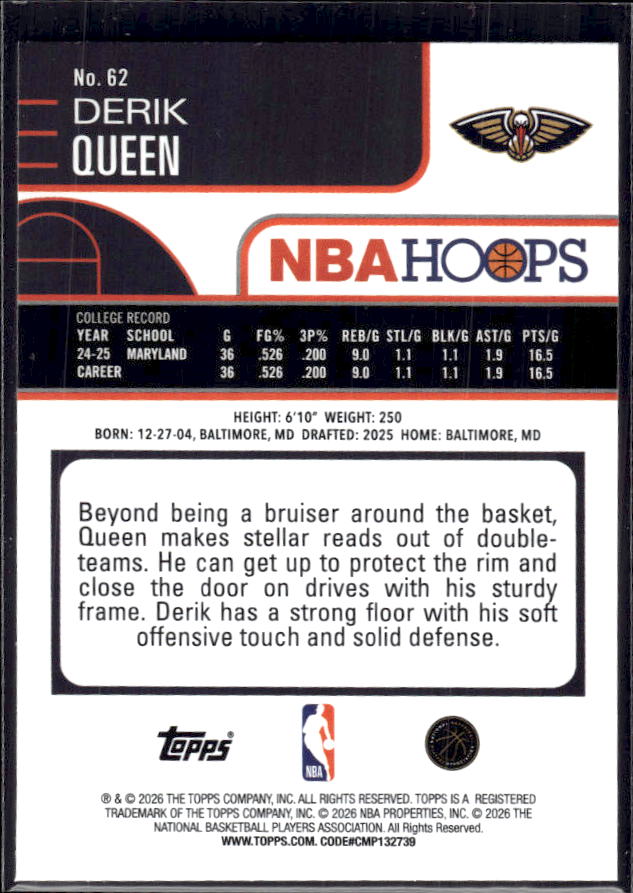 2025-26 Hoops #62 Derik Queen Base – back