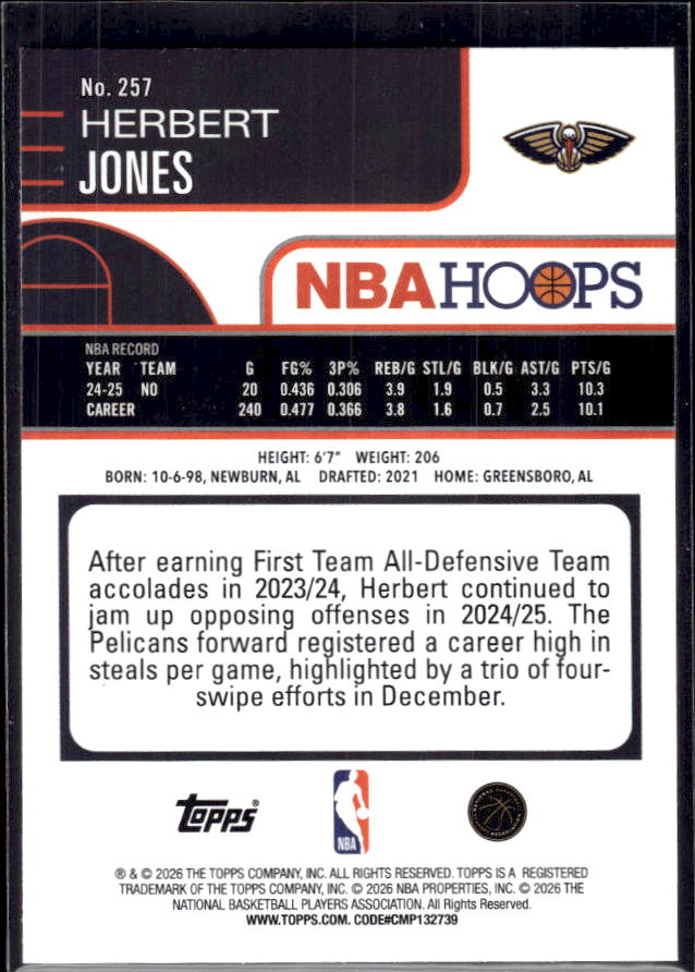 2025-26 Hoops #257 Herbert Jones Base – back