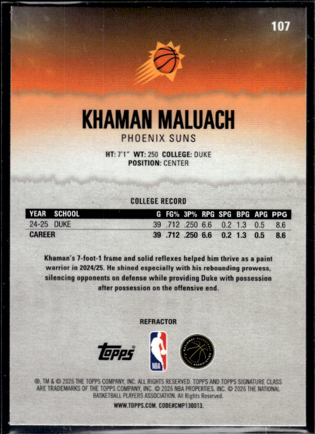 2025-26 Topps Signature Class #107 Khaman Maluach Chrome Pandora Refractors - baksida