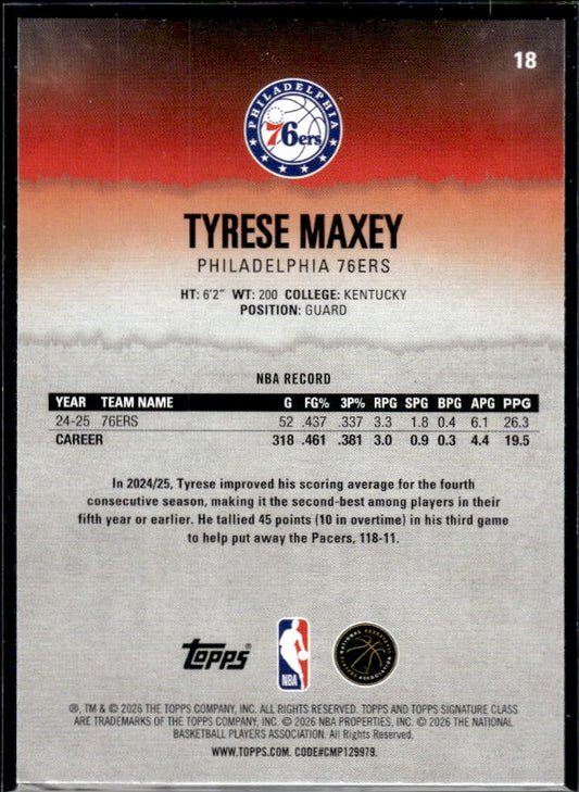 2025-26 Topps Signature Class #18 Tyrese Maxey - baksida