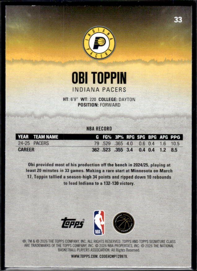 2025-26 Topps Signature Class #33 Obi Toppin - baksida
