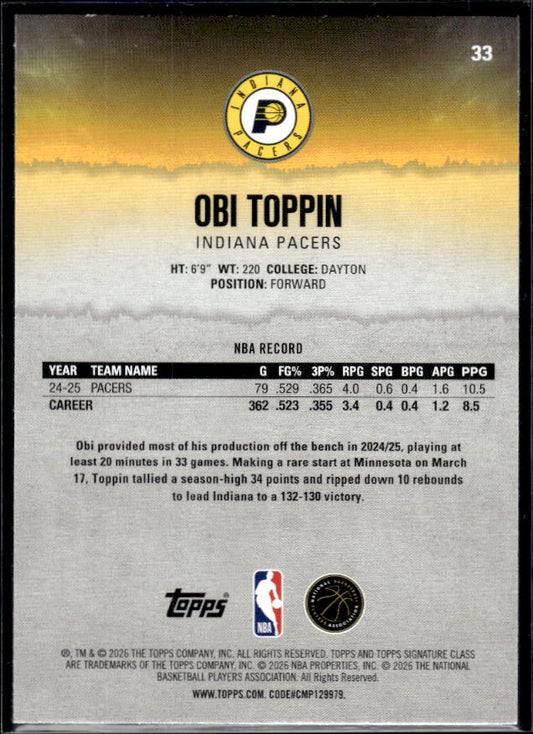 2025-26 Topps Signature Class #33 Obi Toppin - baksida