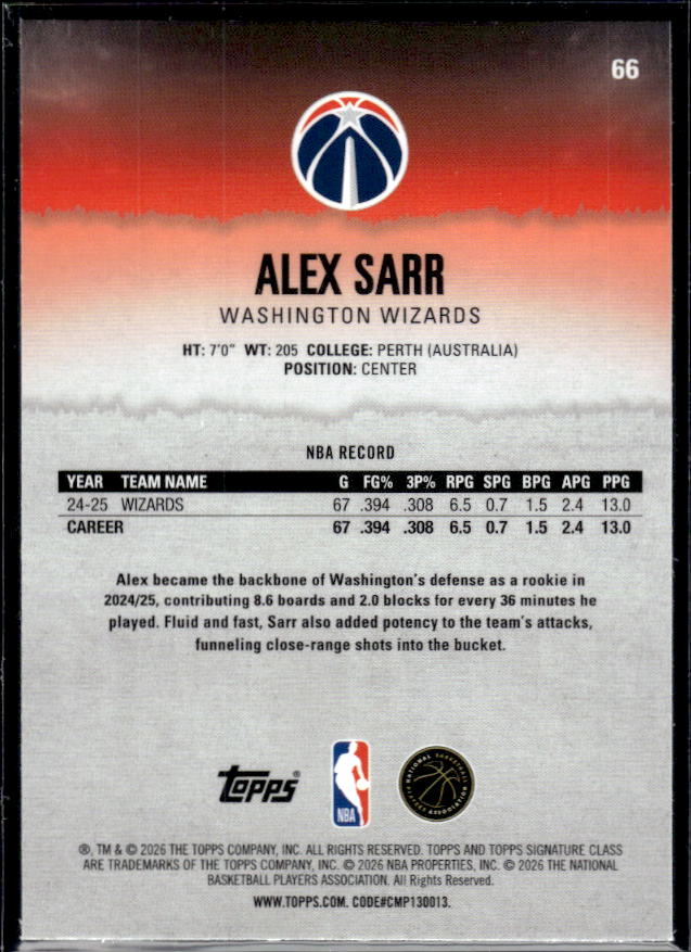 2025-26 Topps Signature Class #66 Alex Sarr Chrome - baksida