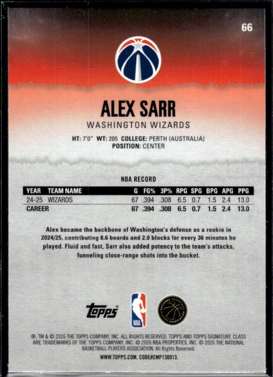 2025-26 Topps Signature Class #66 Alex Sarr Chrome - baksida