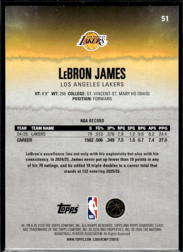 2025-26 Topps Signature Class #51 LeBron James - baksida