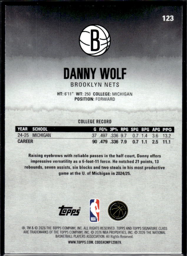 2025-26 Topps Signature Class #123 Danny Wolf - baksida