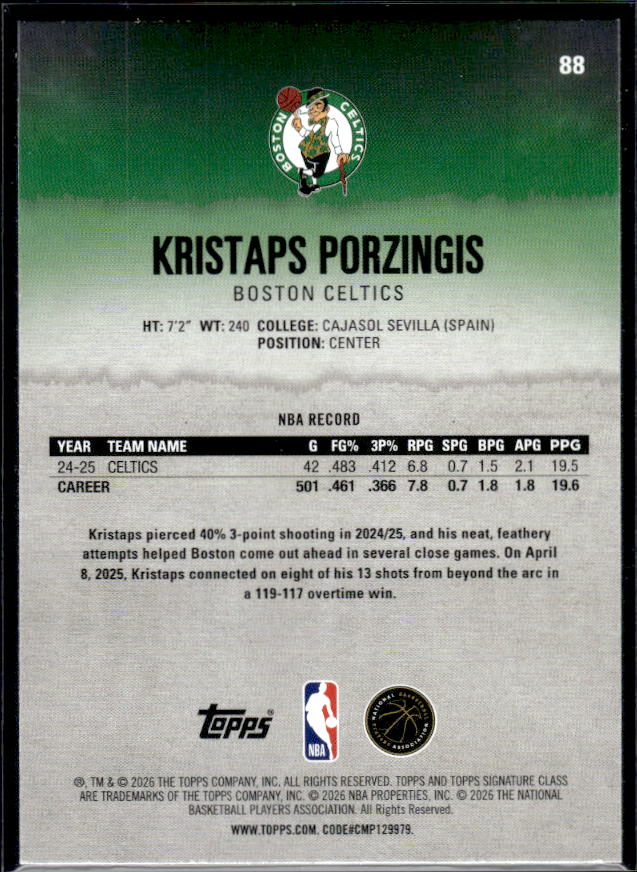 2025-26 Topps Signature Class #88 Kristaps Porzingis - baksida