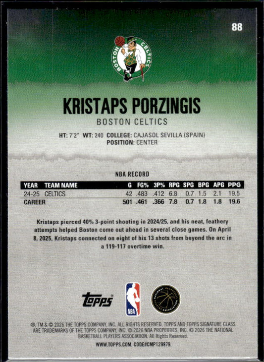 2025-26 Topps Signature Class #88 Kristaps Porzingis - baksida