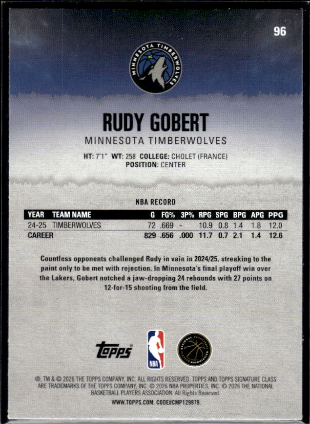 2025-26 Topps Signature Class #96 Rudy Gobert - baksida