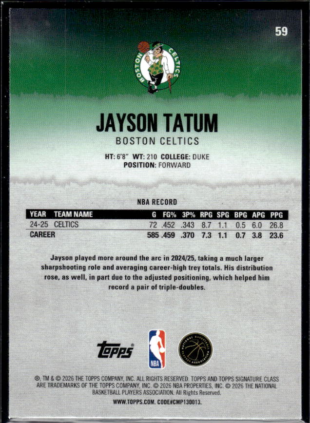 2025-26 Topps Signature Class #59 Jayson Tatum Chrome - baksida