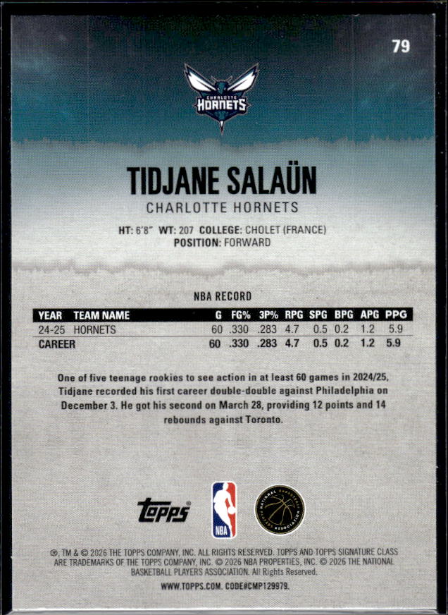 2025-26 Topps Signature Class #79 Tidjane Salaün - baksida