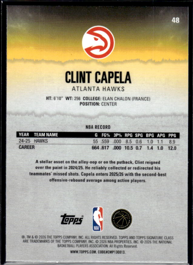 2025-26 Topps Signature Class #48 Clint Capela - baksida