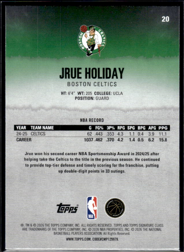 2025-26 Topps Signature Class #20 Jrue Holiday - baksida