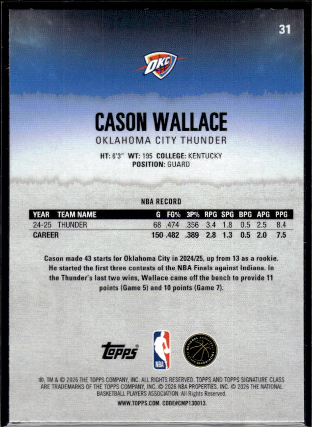 2025-26 Topps Signature Class #31 Cason Wallace Chrome - baksida