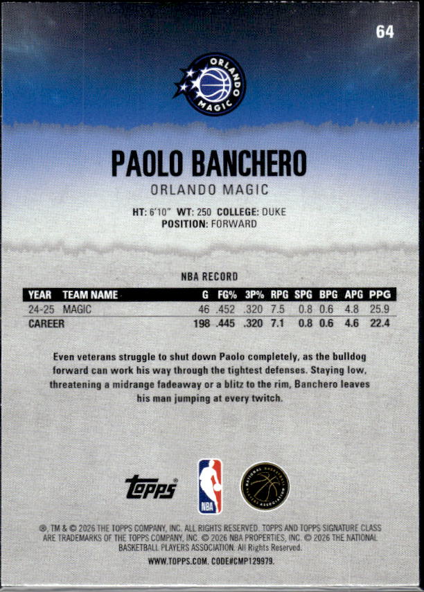 2025-26 Topps Signature Class #64 Paolo Banchero - baksida