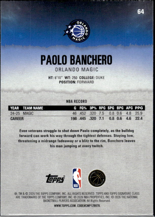 2025-26 Topps Signature Class #64 Paolo Banchero - baksida