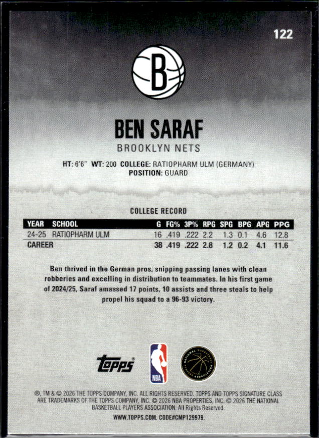 2025-26 Topps Signature Class #122 Ben Saraf - baksida