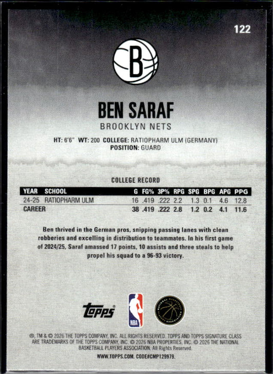 2025-26 Topps Signature Class #122 Ben Saraf - baksida