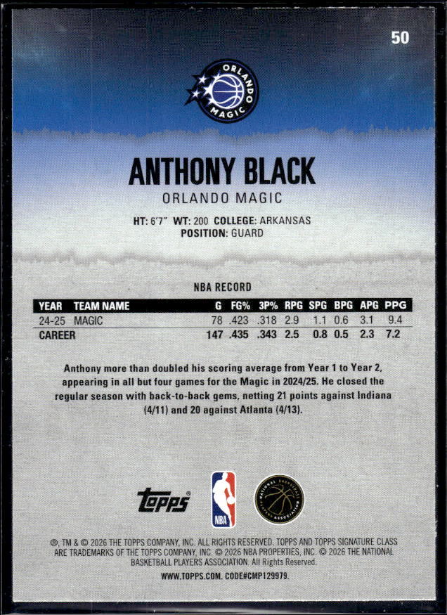 2025-26 Topps Signature Class #50 Anthony Black - baksida