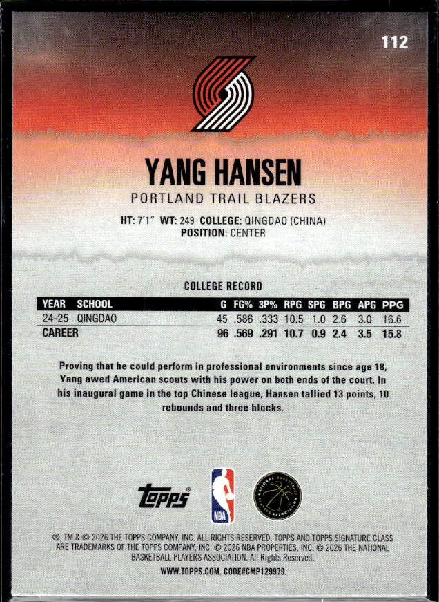 2025-26 Topps Signature Class #112 Yang Hansen - baksida