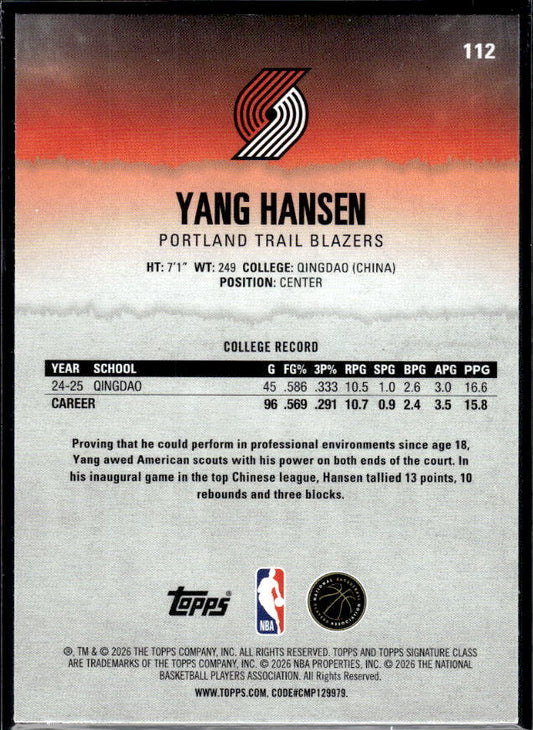 2025-26 Topps Signature Class #112 Yang Hansen - baksida